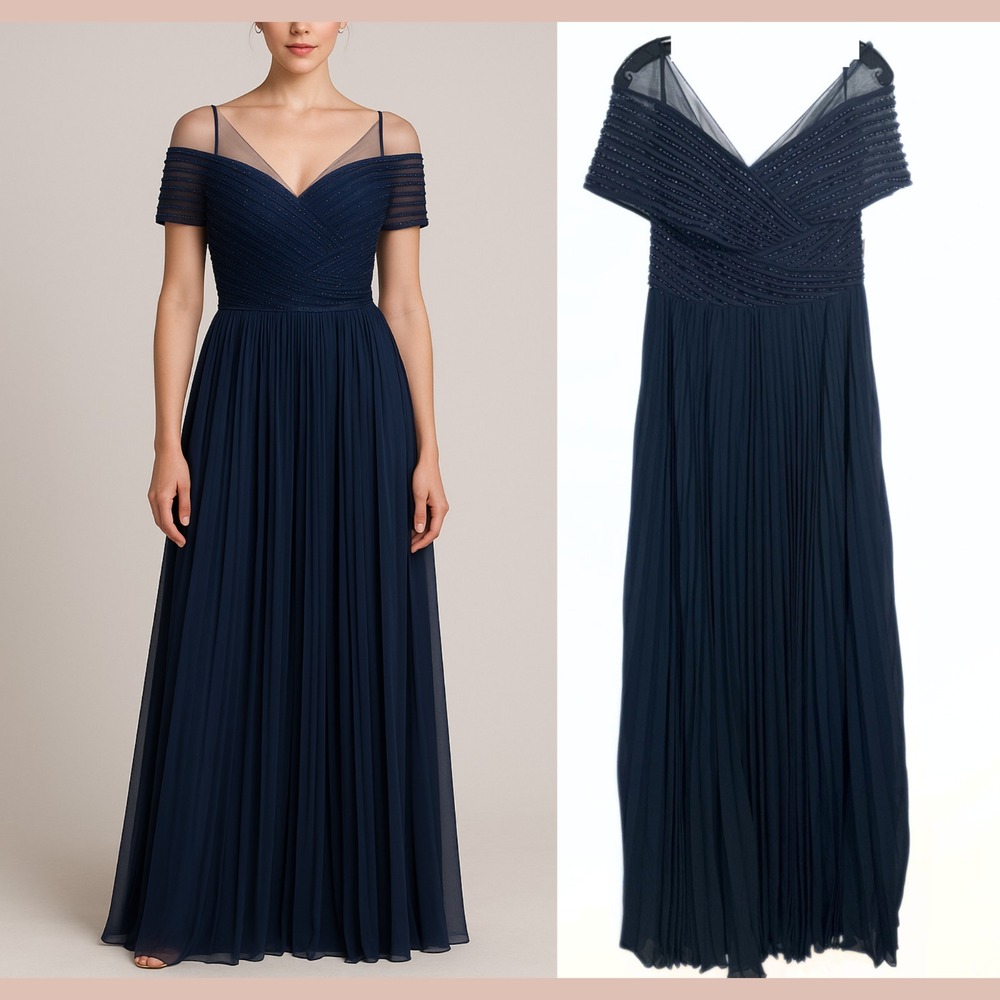 NEW ALEXANDER BY DAYMOR [ 6 ] Off Shoulder‎ Wrap Bodice Pleated Gown Blue #J1908